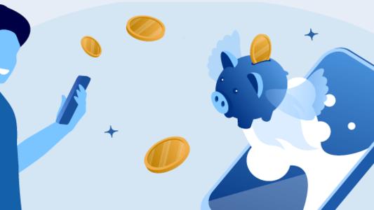 Stylized person looking at mobile with a piggy bank and money