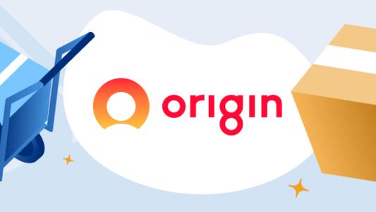Woman holding a moving box looking at Origin Energy logo