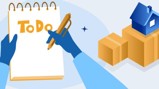 Blue hand writing to-do list next to yellow moving boxes and blue house
