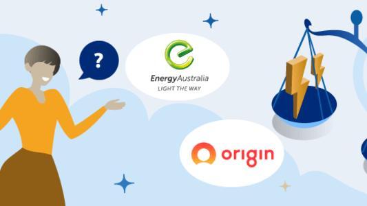 Woman comparing Origin Energy and EnergyAustralia logos with a blue scale
