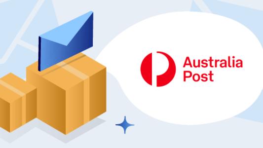 AusPost logo next to blue envelope and yellow boxes on a light blue background