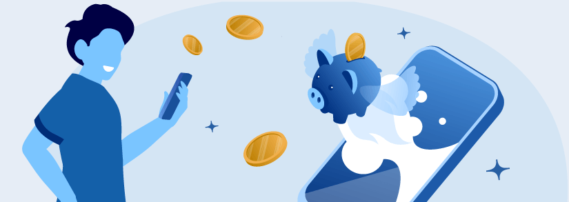 Stylized person looking at mobile with a piggy bank and money