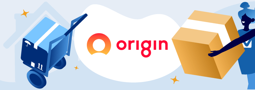 Woman holding a moving box looking at Origin Energy logo