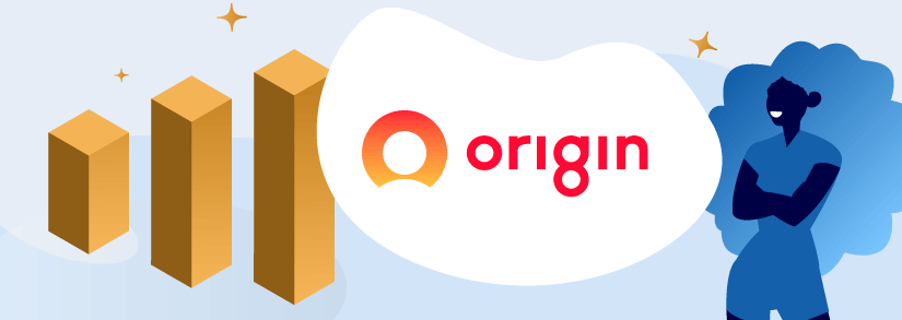 Woman looking at Origin Energy logo with a bar graph