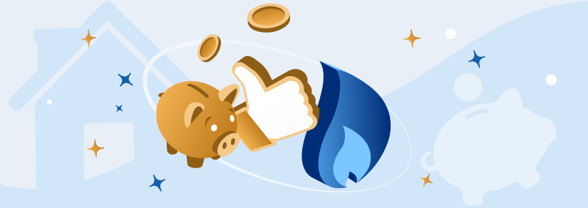 Gold piggy bank, thumbs up, and blue gas symbol