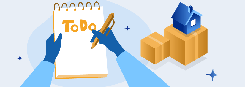 Blue hand writing to-do list next to yellow moving boxes and blue house