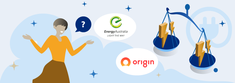 Woman comparing Origin Energy and EnergyAustralia logos with a blue scale