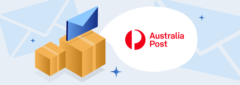 AusPost logo next to blue envelope and yellow boxes on a light blue background