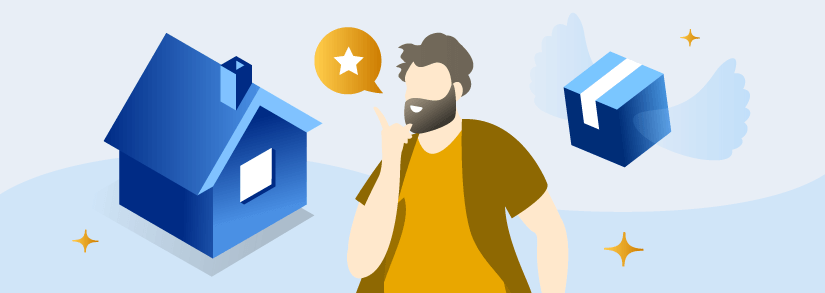 Male stylized icon on blue background next to a blue house and blue moving box